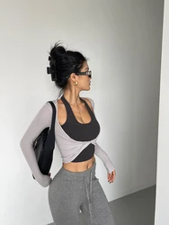 WOMENGAGA Spicy Girl's Twisted Hanging Neck Fake Two-piece T-shirt For Women Autumn New Slim Tees Fashion Women WK6T