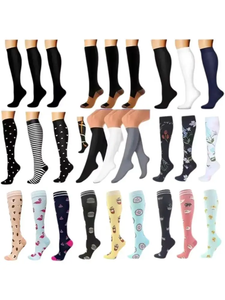 2025 3Pairs Pressure Socks Lady Cross Border Sports Compression Fruit Element Animal Flower Solid Color Prevent Varicose Veins