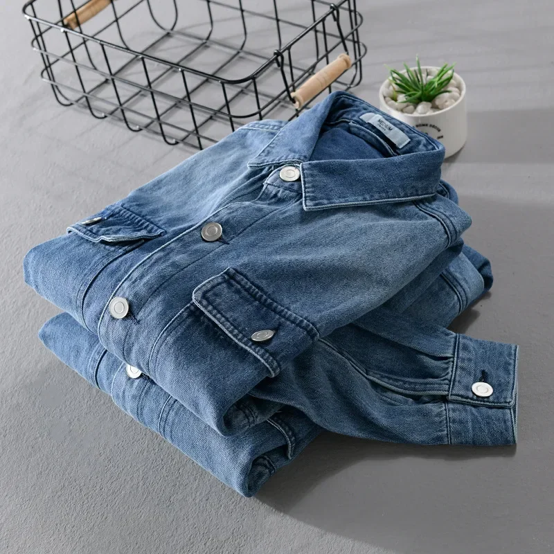 Spring Fall Denim Shirt Men Streetwear Mens Long Sleeve Jean Shirts Japanese Retro Cowboy Tops Double Pocket Slim Casual Shirts