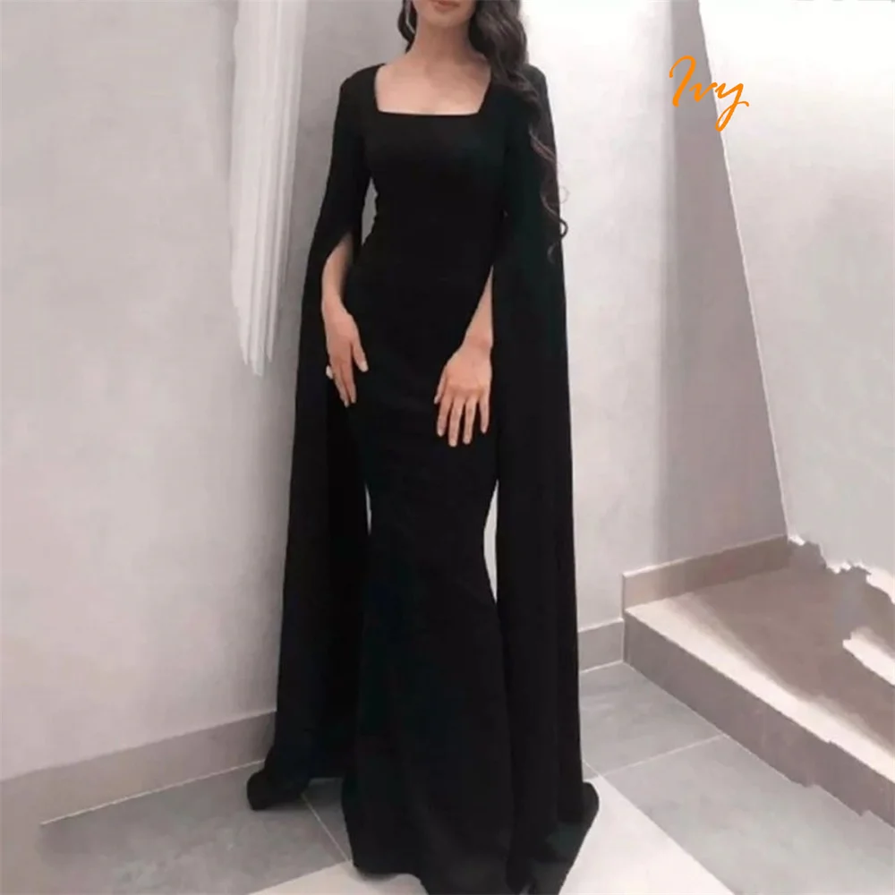 ที่กําหนดเอง Mermaid ประณีตสีดํา Jersey ชุดราตรีโมเดิร์นสแควร์คอยาวแขนยาวชุดง่าย Celebrity Gowns