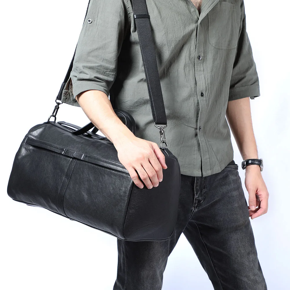 Leather Simple Short-distance Travel Bag Men's Hand Luggage Bag Fashion Business Casual tote bags Genuine Leather Black