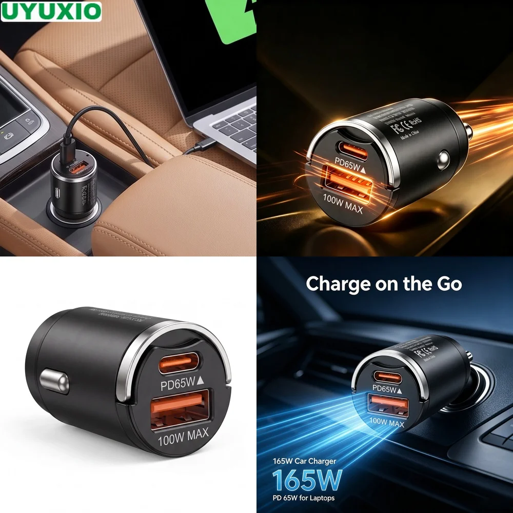 165W Travel Car Charger with 65W USB C and 100W USB A Outputs Low Profile Zinc Alloy Design for Cars Trucks SUVs and Vans