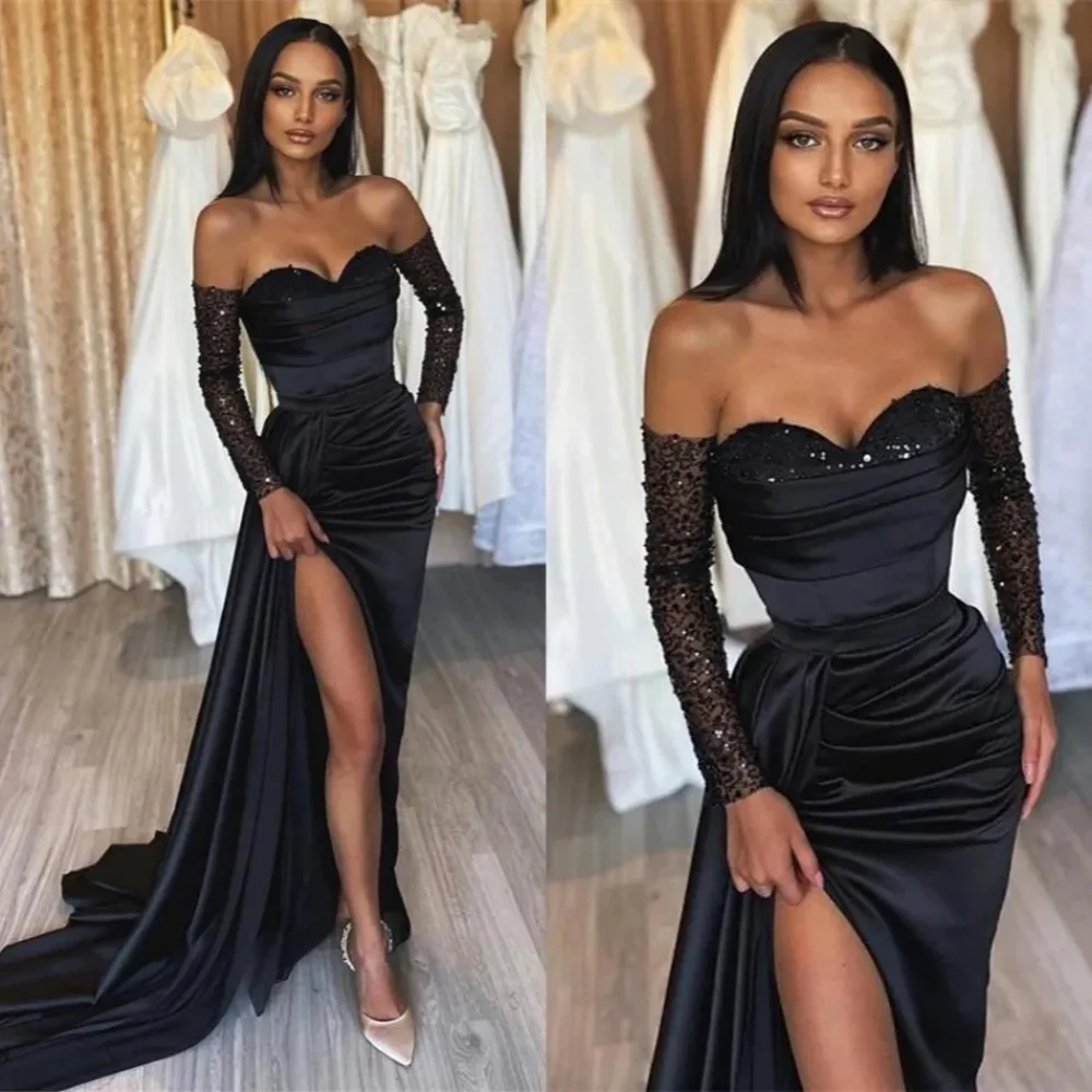 Robe de Soirée Noire Élégante pour Femme Arabe, Fente Frontale, Sexy, Chérie, Ligne A, Dos aux, Tenue de Bal d'Anniversaire pour Fille