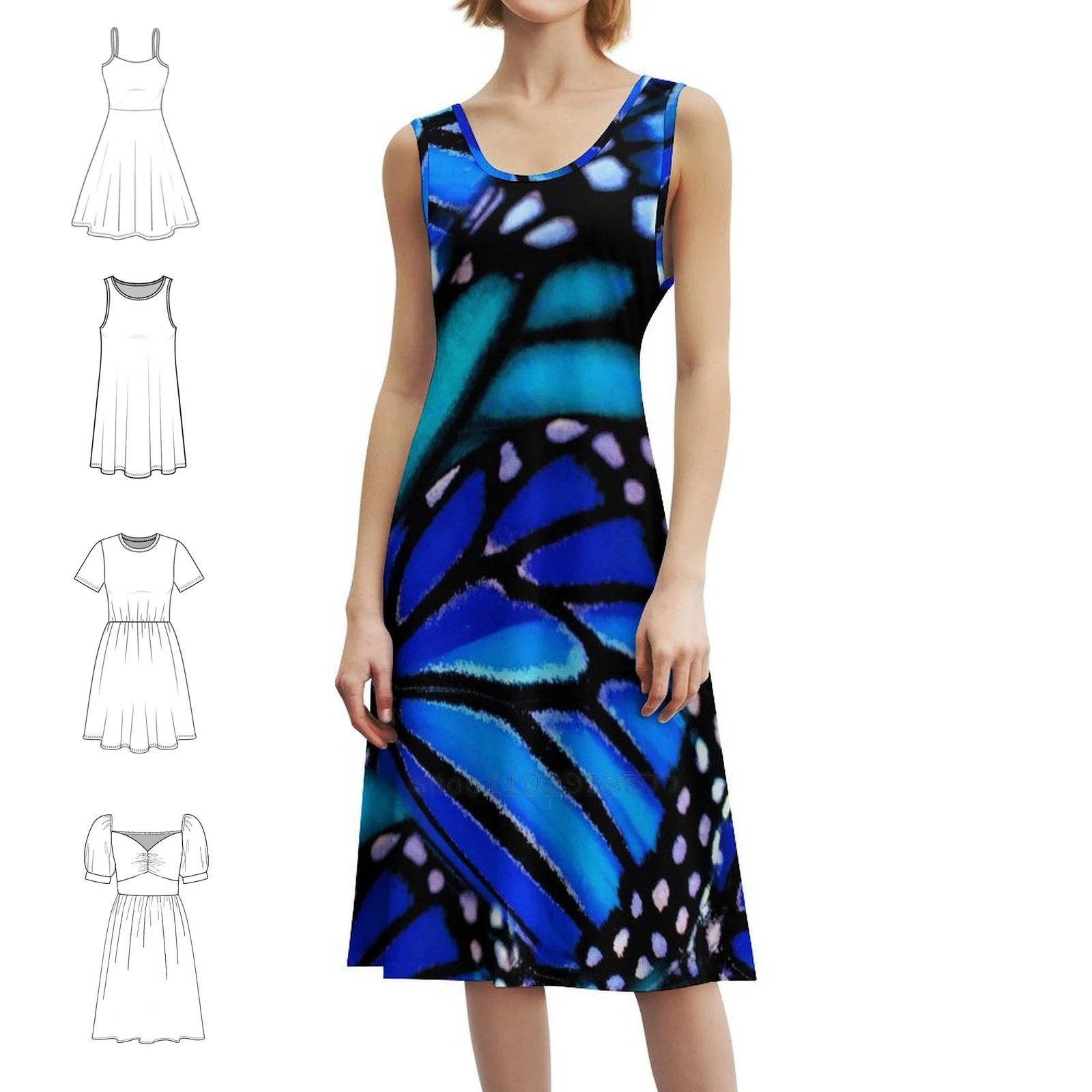 فستان عطلة مثير بنمط العاهل الأزرق للنساء على الشاطئ وحفلات أعياد الميلاد فستان قصير بنمط الفراشات وعاهل الطبيعة الزرقاء #1