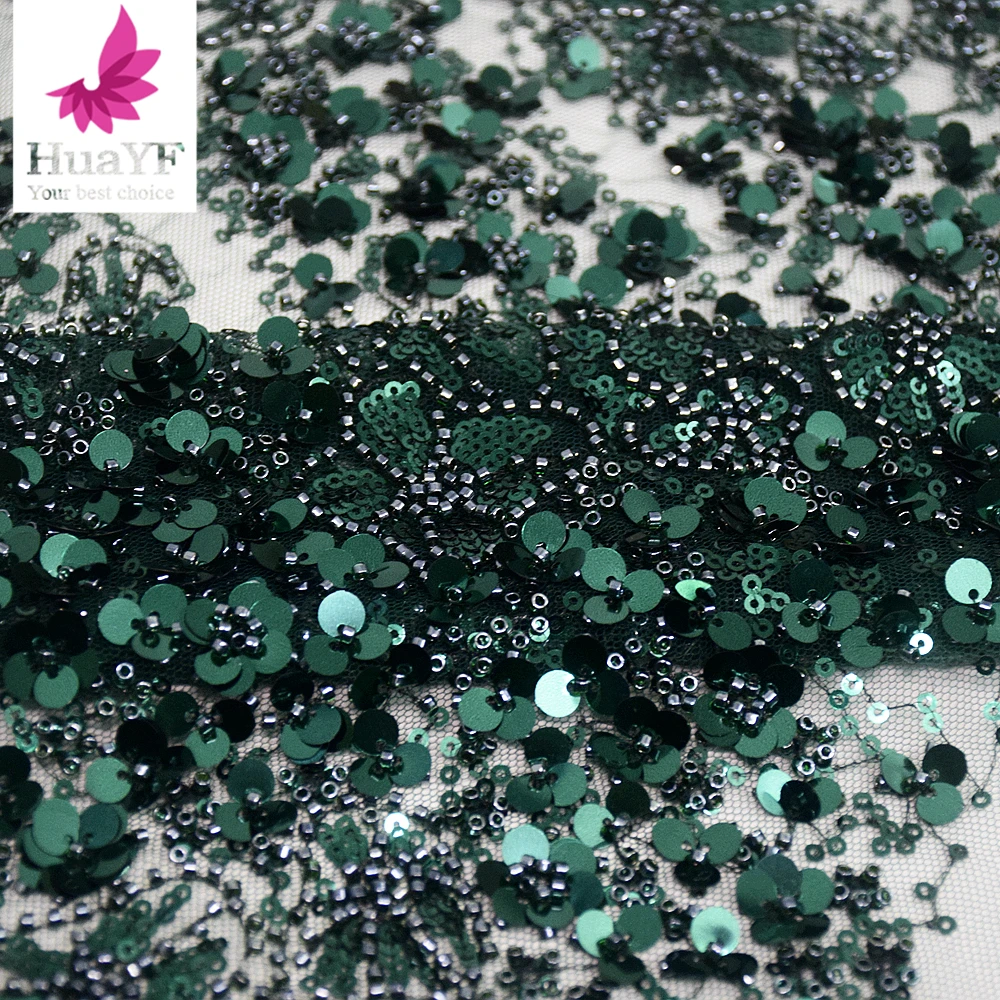 1 Yard Luxury Elegant Emerald Green Lace With Bead And Sequins For Wedding Dress Fabric HY1795-5