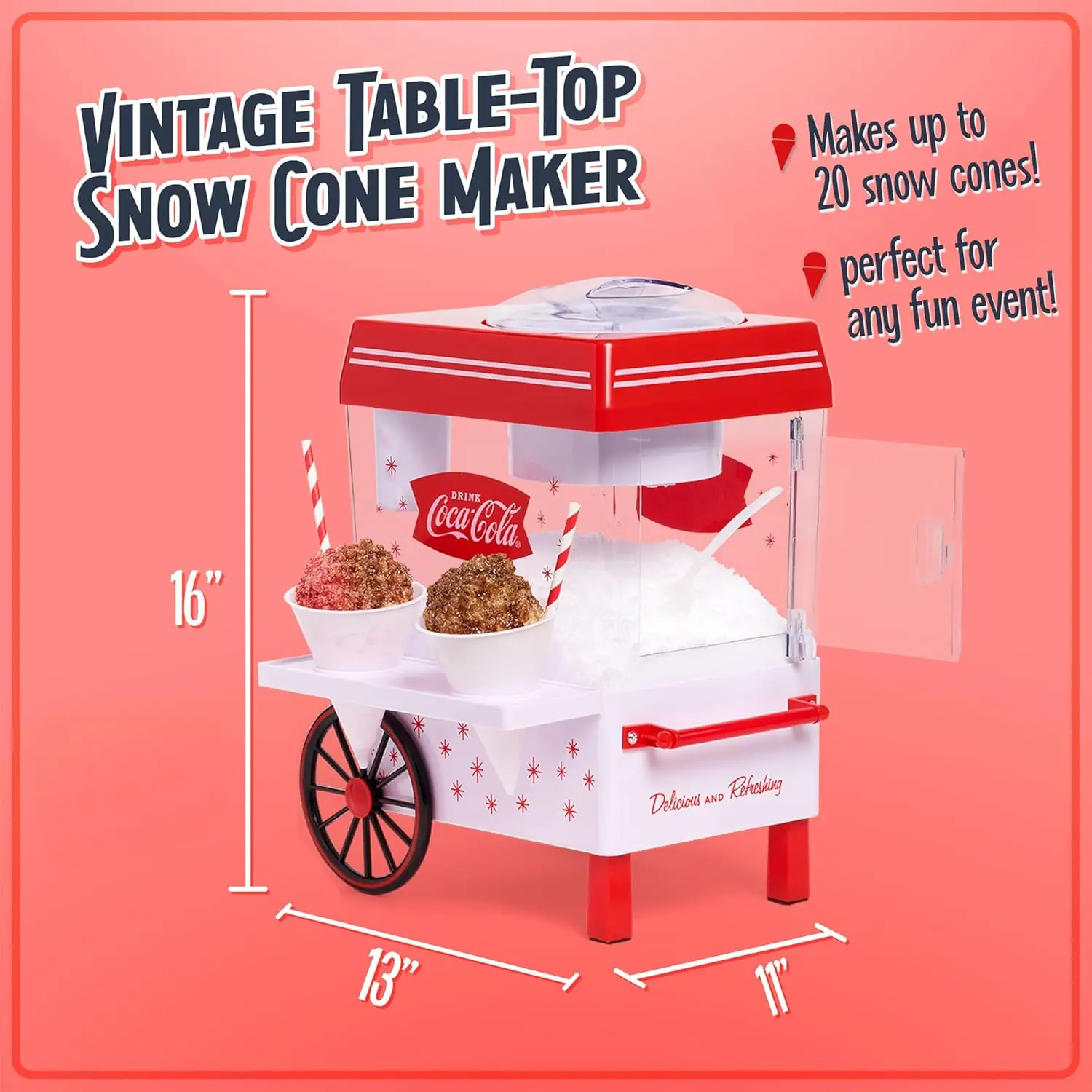 Coca-Cola Snow Cone Machine – Retro Table-Top Snow Cone Maker with Stainless Steel Blades – Slushie Machine Includes 2 view 2