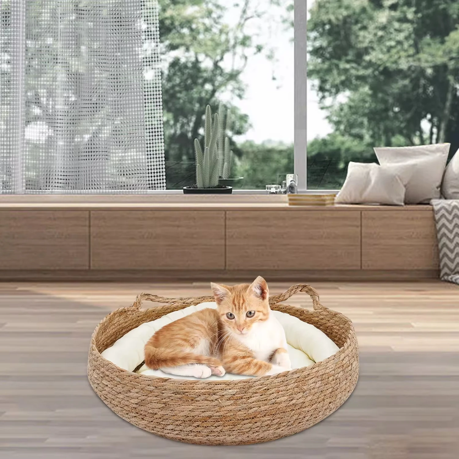 

Cat Bed Basket Hand Woven Cat Bed Round Winter Summer Handmade Wear Resistant