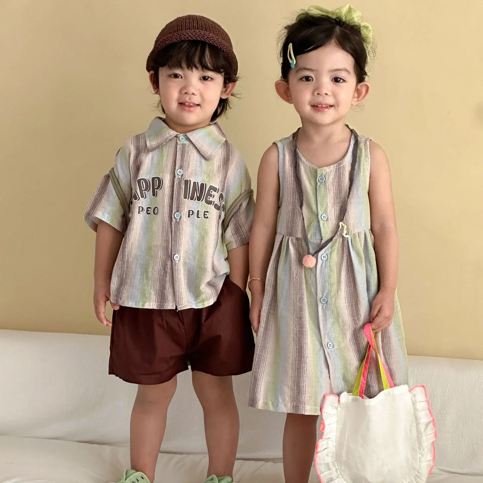 

RAISE Summer Children Siblings Outfit Letter Print Kids Boys Short Sleeves Shorts Suit 2-10Y Baby Girls Striped Sleeveless Dress