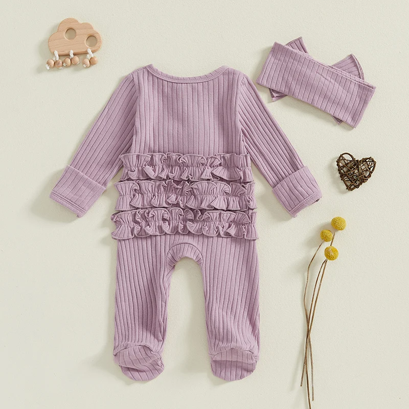 Newborn Girl Fall Outfit Solid Ribbed Ruffle Trim Long Sleeve Zipper Front Footed Jumpsuit Bow Headband 2-częściowy zestaw