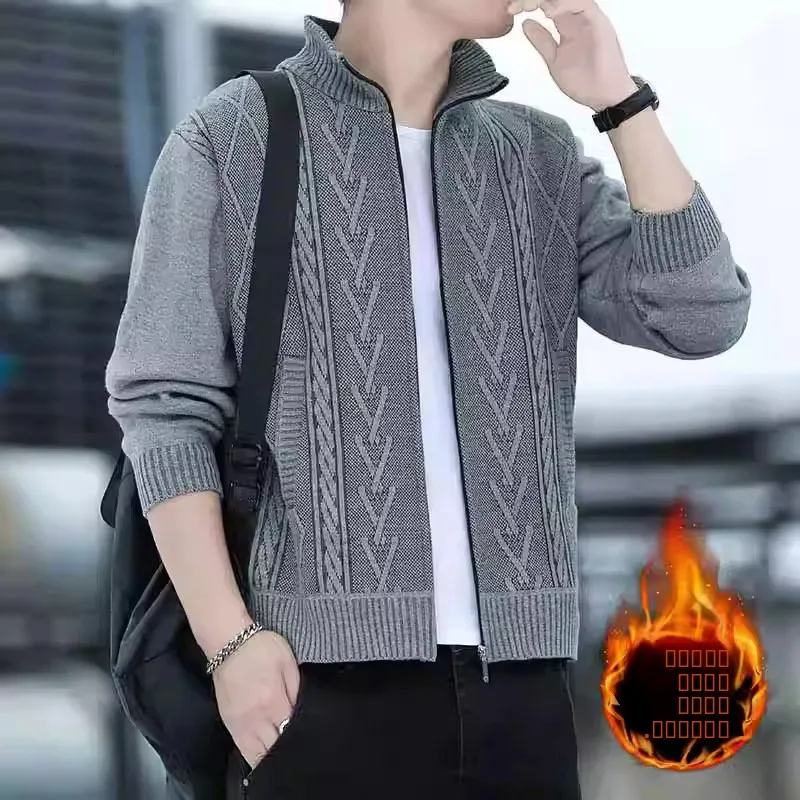 

Men's Knitted Cardigan Zipper Sweater Casual Stripe High Collar Winter Jaet Slim Fit Long Sve Polyester Fiber 2023 Winter