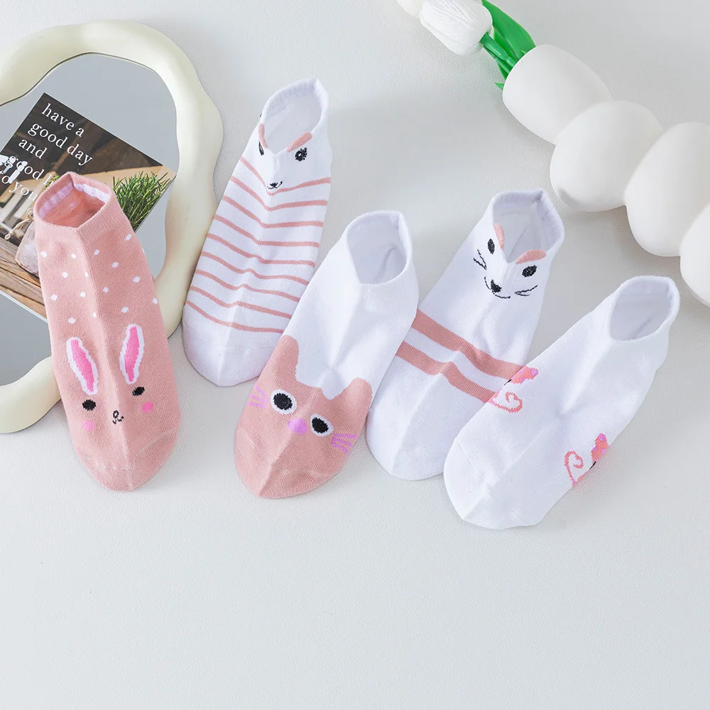 5 Pairs of WOMEN'S Short Socks, Pink Cat Thin, Cute Seasonal Boat Socks, Slow Top, Young and Fashionable Ankle Socks