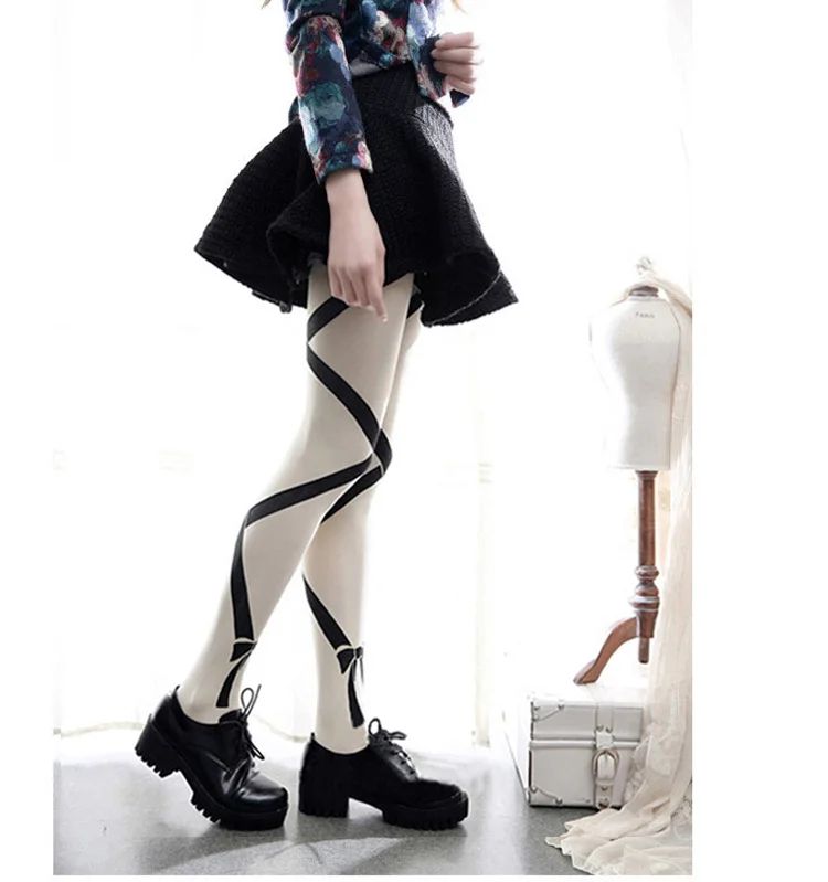 Japanese Gothic Style Striped Bow Print Lolita Tights 2024 Summer New Fashion Hot Girl Sexy Stockings Women Elegant Pantyhose