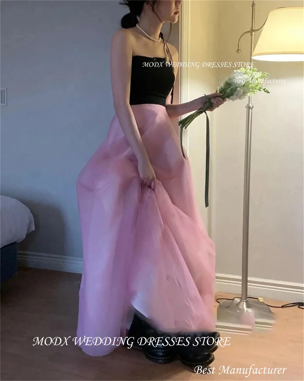 MODX فساتين الحفلات المسائية الكورية باللون الأسود والوردي على شكل حرف A بدون حمالات لصور الزفاف بدون أكمام بدون ظهر مشد للحفلات الراقصة #5