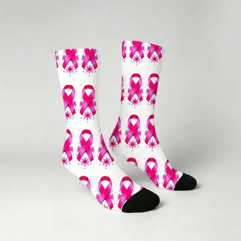 Pink Ribbon Breast Cancer Awareness Socks Mid-Calf Print Socks Soft Breathable Daily Wear Socks