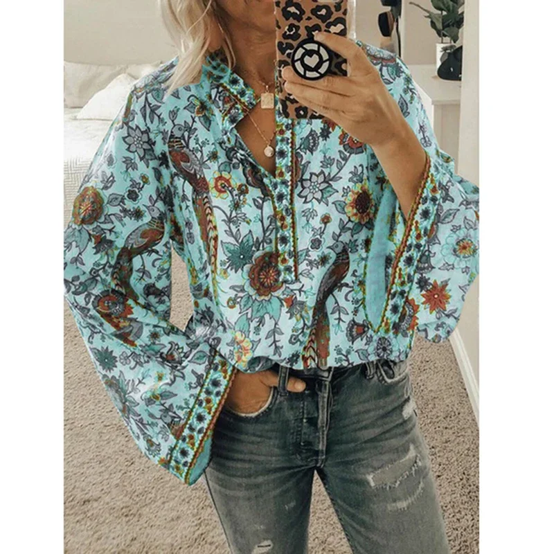 Spring Autumn Print Aesthetic Loose Casual Shirt Women Long Sleeve Vintage All Match Lady Blouse Sweet Fashion Female Clothes