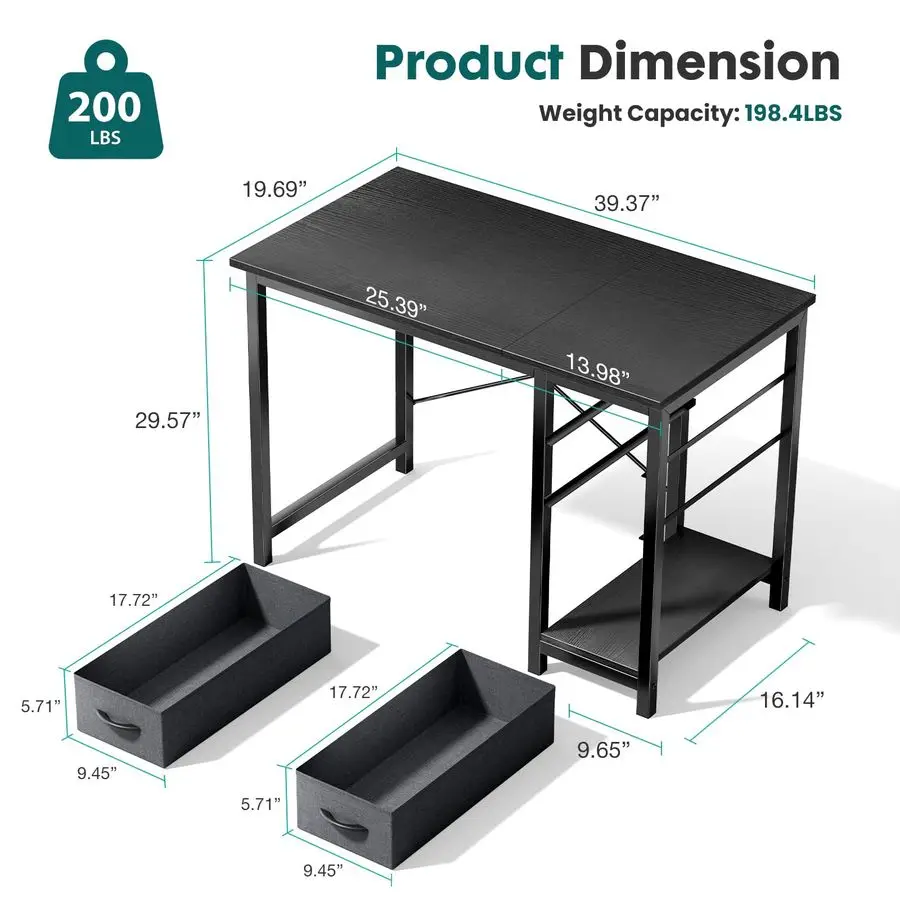 Small Computer Desk with 2 Drawers 40 Inch Home Office Desk Modern Simple Study Writing Table with Storage Shelf for Bedroom, B