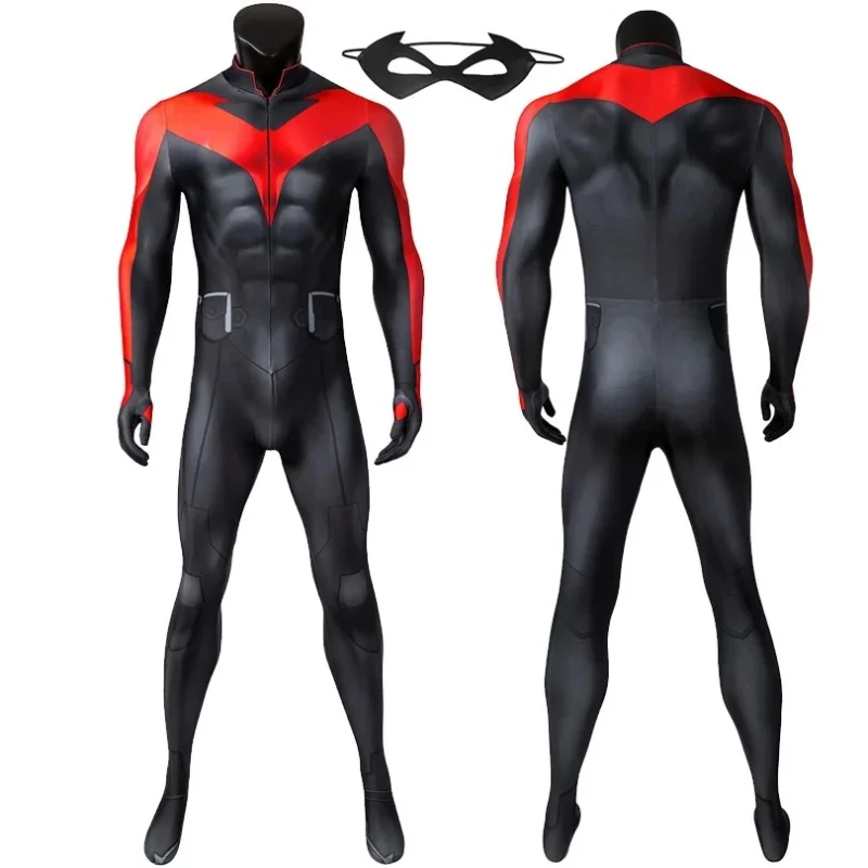 Disfraz de noche roja para adolescentes de Halloween, traje Zentai con ala para hombre, mono elástico de LICRA con estampado 3D, máscara para ojos, conjunto completo hecho a medida