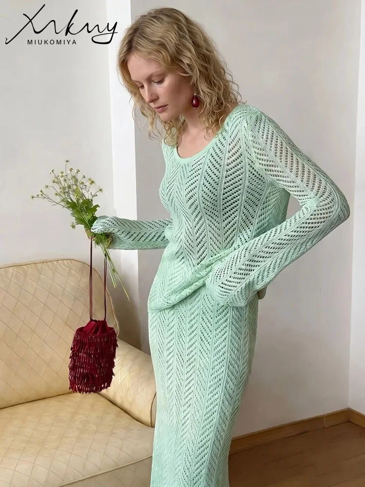 MiuKoMiYa Summer Women's Knit Skirt Sets Women 2 Piece Outfit Hollow Out Long Sleeve Knit Top Yellow Long Skirt Set For Women