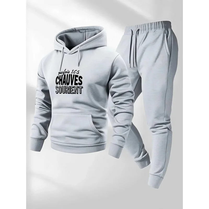 مجموعة هوديي رمادي فاتح مطبوعة بنص Par parfois ICS CHAUVES SOURIENT