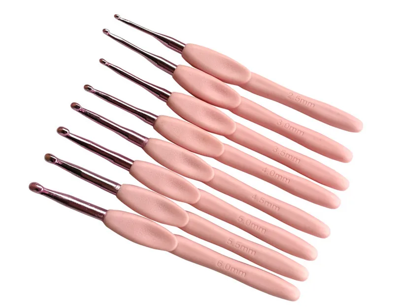 Aluminum Ergonomic Crochet Needles Set, Soft Rubber Grip, Cushioned, 2.0-6.0mm, 8Pcs
