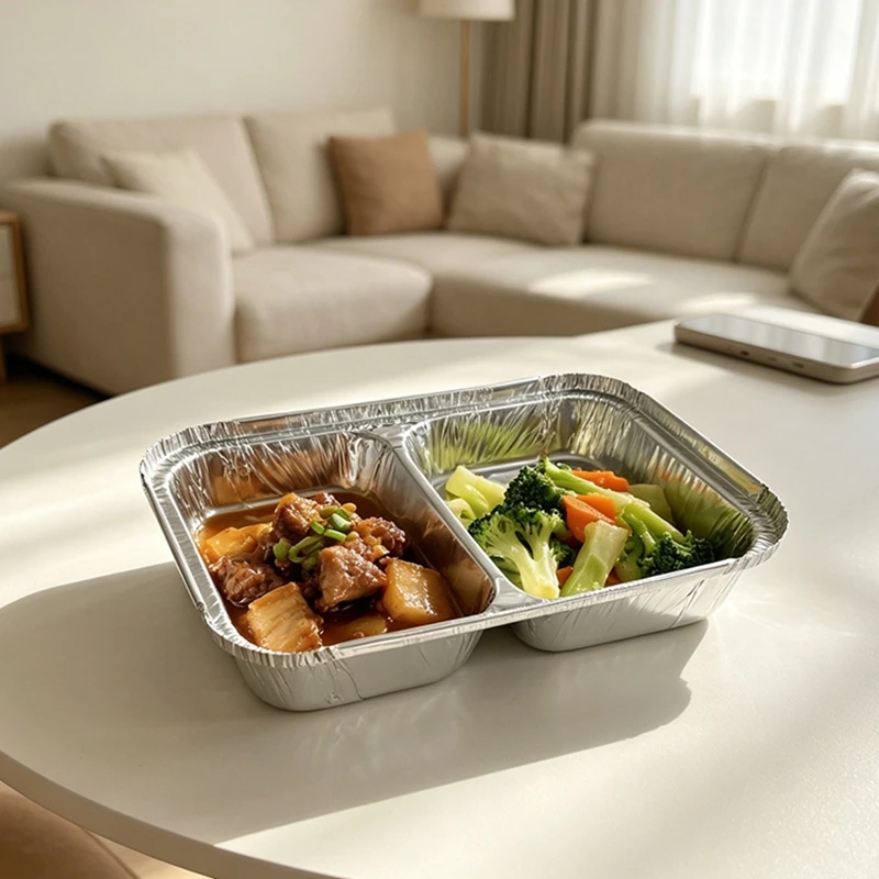 50/100pcs  Pack 800ml 2 Compartment Aluminum Foil Container Disposable BBQ Baking Lunch Box Takeaway Food Packaging Tray