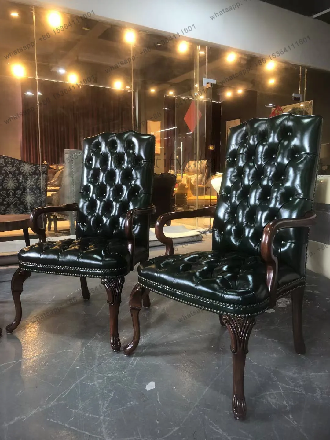 American solid wood carving flower chair household retro oil wax cowhide buckle office chair
