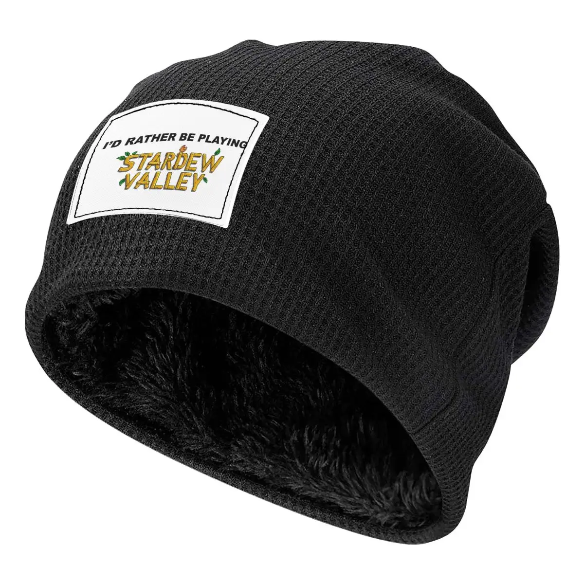 I'd Rather Be Playing Stardew Valley Waffle Knit Fleece Lined Beanie with PU Leather Patch Unisex Warm Winter Soft Cap