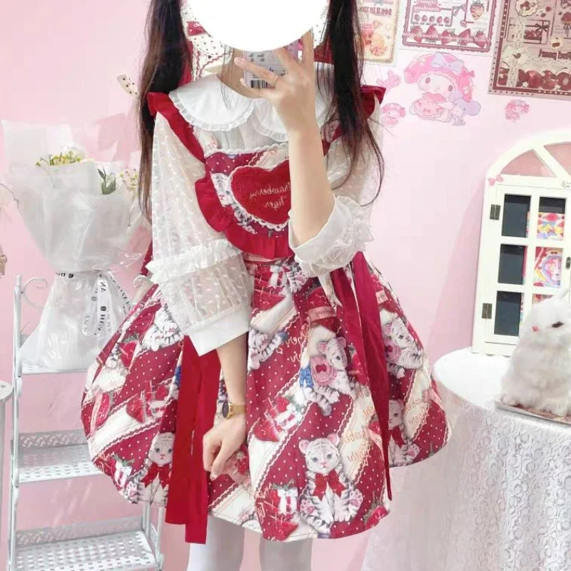Милое платье Jsk в стиле Лолиты, женское платье с принтом медведя и оборками, клубничное платье, женское милое мини-платье без рукавов, весна 2023 г.