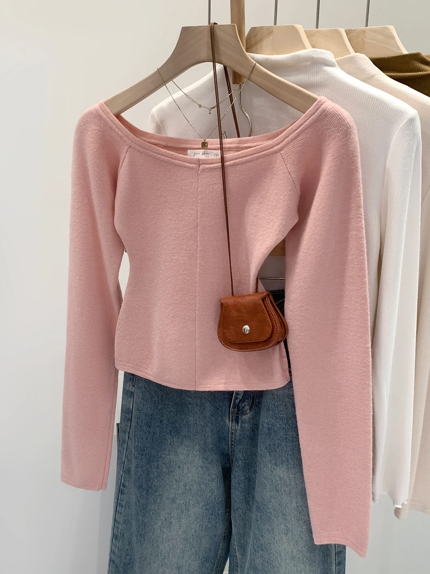 

Pink Knitted Short Shoulder Women's Sweater Autumn Winter Fashion Slim Fit Base Shirt Commute Style Long Sleeve Casual Simple