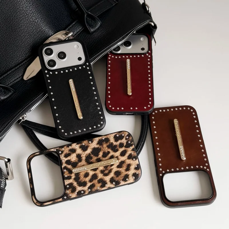 

Luxury Diamond Leather Leopard Print Phone Case For iPhone 17 Pro 16 15 14 Pro Max Cover with Matel Stand Protective Back Cases