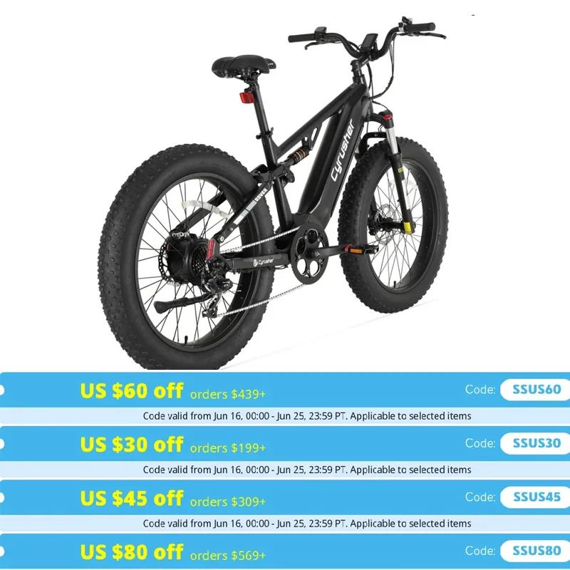 

CYRUSHER Rover 26" Fat Tires Electric Bike Full Suspension E-Bike 750W 52V 15.6Ah Battery
