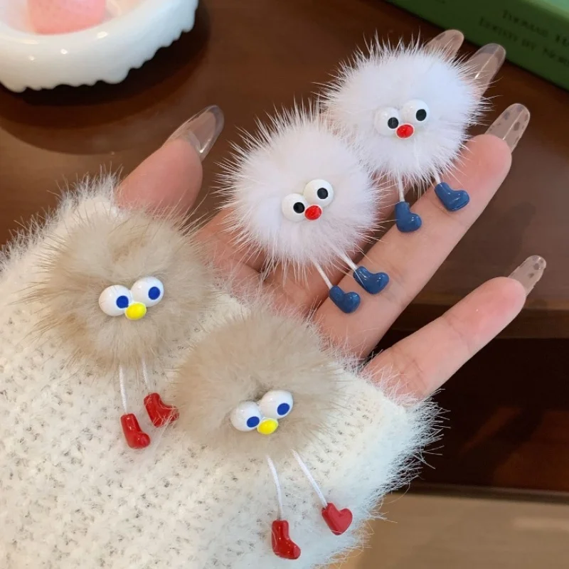 Cute White Khaki Hairball Plush Briquettes Earrings Funny Big Toe Leather Shoes Hanging Earrings for Women Mujer Birthday Gifts