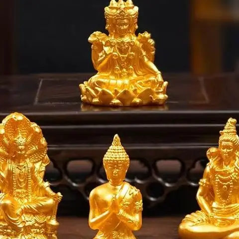 〔New〕4PCS Golden Hindu Deity Statue Set, Resin Buddha Figurines for Altar & Home Decor