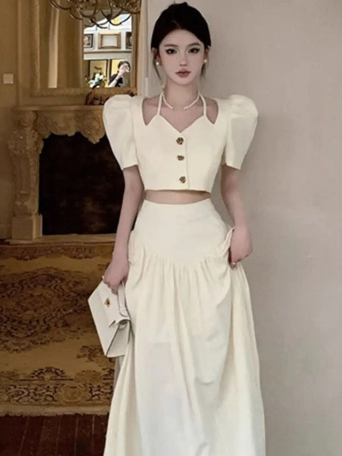

Elegant Two-Piece Set with Beautifully Slimming French Style Polyester Fiber Short Sleeve Overhead for Women
