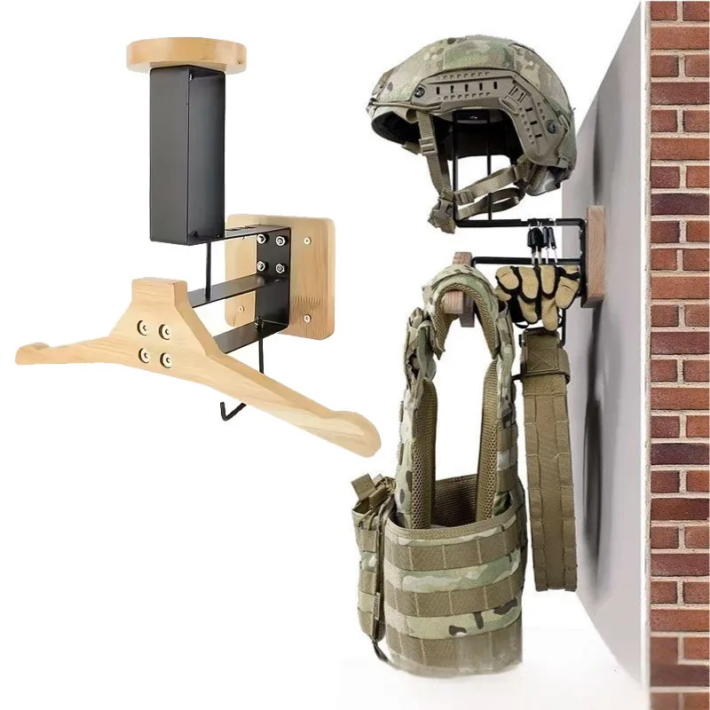 Stainless Steel Wall Mount Motorcycle Helmet Holder Wooden Storage Organizer for Tactical Gear Vests Accessories