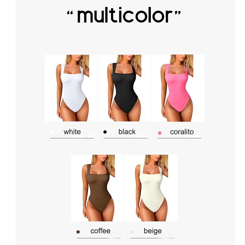 GUUDIA Ribbed Slimming Fit Sexy Thong Square Collar No Wire Elastic Softness Sleeveless Shapewear Jumpsuit Tank Tops for Women