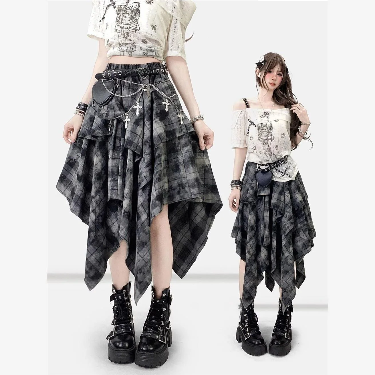 レトロタイダイアシンメトリーミディスカート、格子柄Aライン、伸縮性ウエスト、ミドル丈、女性用、秋シーズン、結び目付き