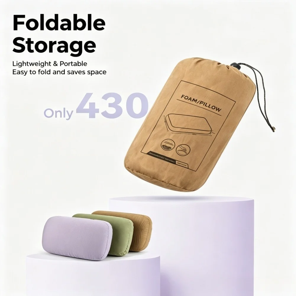 Memory Foam Camping Pillow Portable Foldable Travel Neck Support For Washable Cotton Fleece Cover For Outdoor Hiking Office Nap