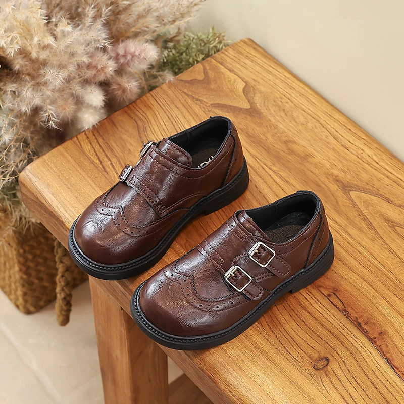 Girls Retro Leather Dress Shoes with Double Buckles 2026 New Toddler Chunky Mary Jane Flats Soft Sole Classic Kid School Uniform