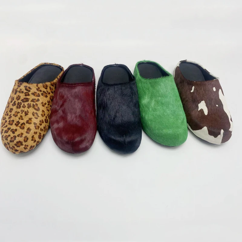 Colors Custom Horsehair Shoes Women Flat Real Fur Slides Horsehair Slippers Fluffy Plush Furry Footwear Logo Customized