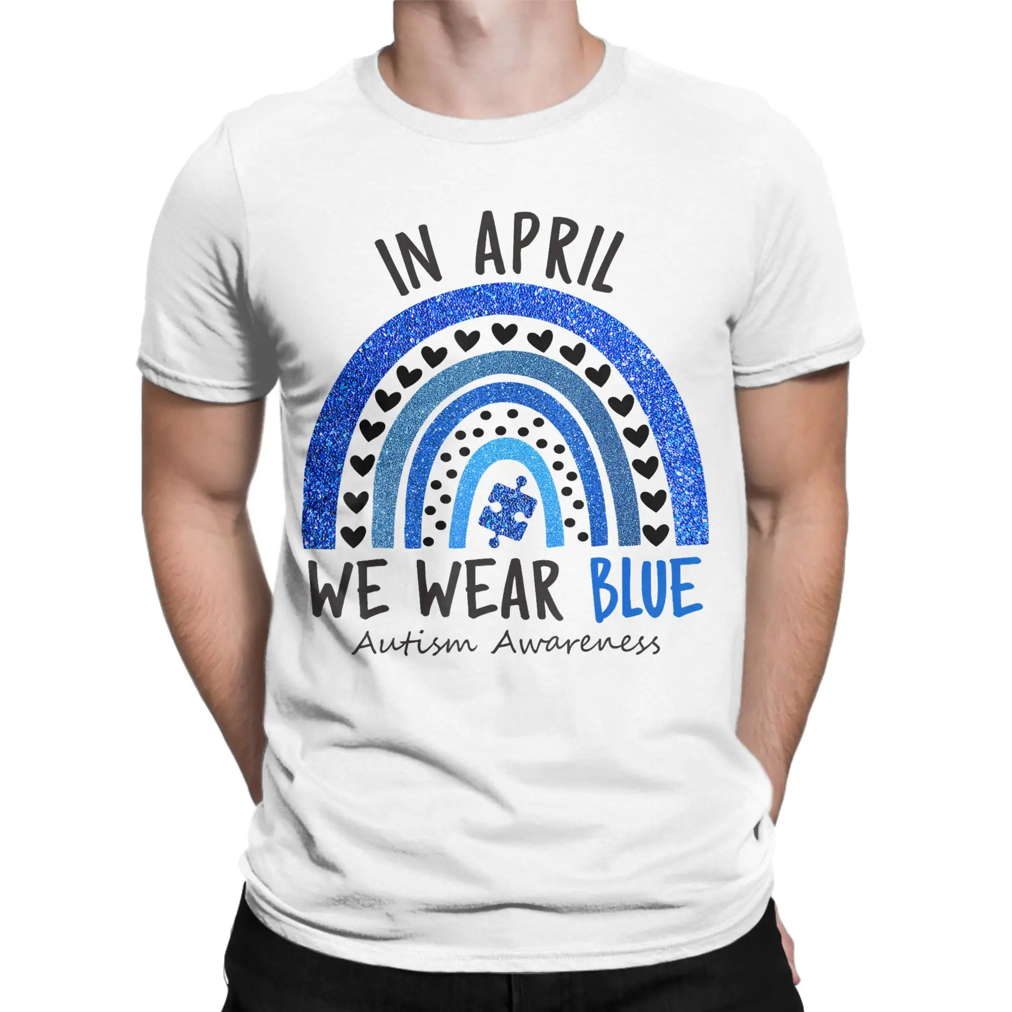 April We Wear Blue Autism Awareness T-Shirt for Men  Casual Pure Cotton Tee Shirt Round Collar Short Sleeve T Shirt Gift Clothes