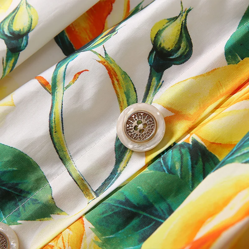 Zomer Dameskleding Elegante Jurk Met Gele Rozenprint En Mode-Spaghettibandjes Jurken Met Enkele Rij Knopen In Strandstijl A-Lijn