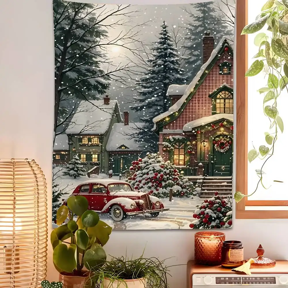 

Christmas Art Draw Retro Snow Tapestry Bedroom Living Bar Garden Outdoor Microfiber Festival Decoration Background Art Banner