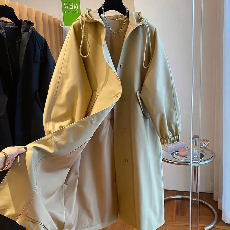 2025 Korean Vintage Long Trench Coat Casual Windbreak Jacket Women Hood Drawstring Jackets Oversized Windbreaker Outwear Female