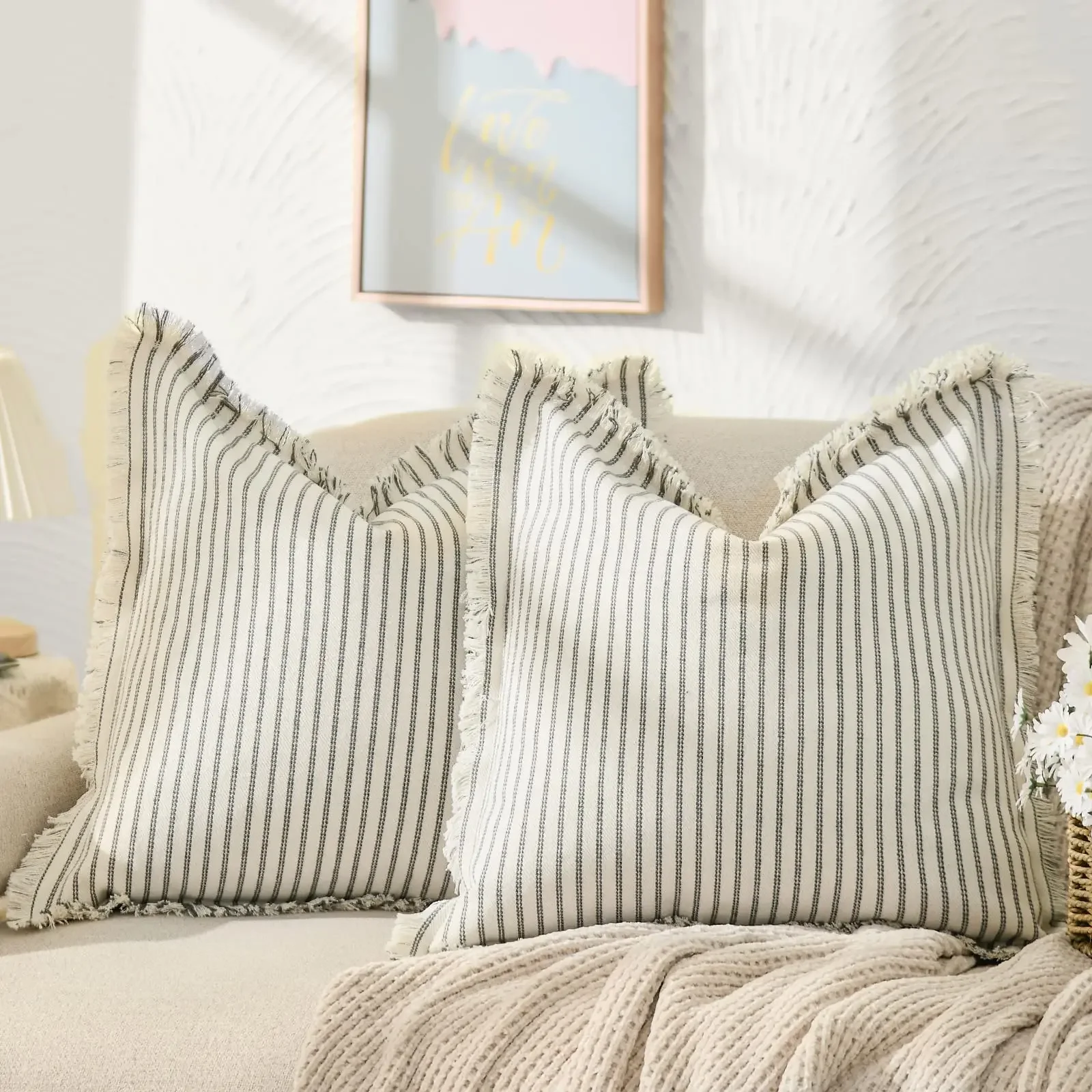 Throw Pillow Covers Set of 2 Striped Pillow Covers with Fringe Chic Cotton Decorative Pillows Square Cushion Covers for Couch
