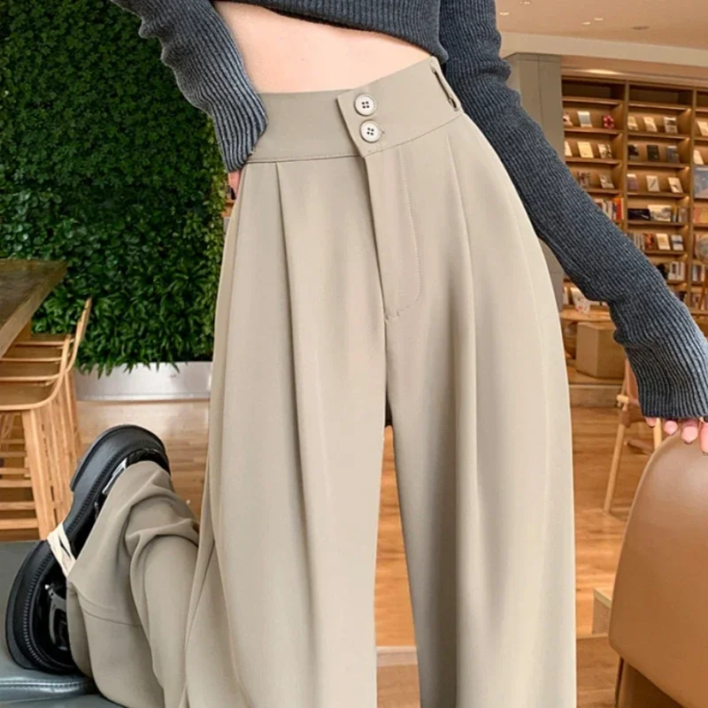 2025 جديد الربيع الصيف زر فضفاض المرأة واسعة الساق كامل طول السراويل عالية الخصر الصلبة الإناث أنيقة مستقيم بناطيل كاجوال