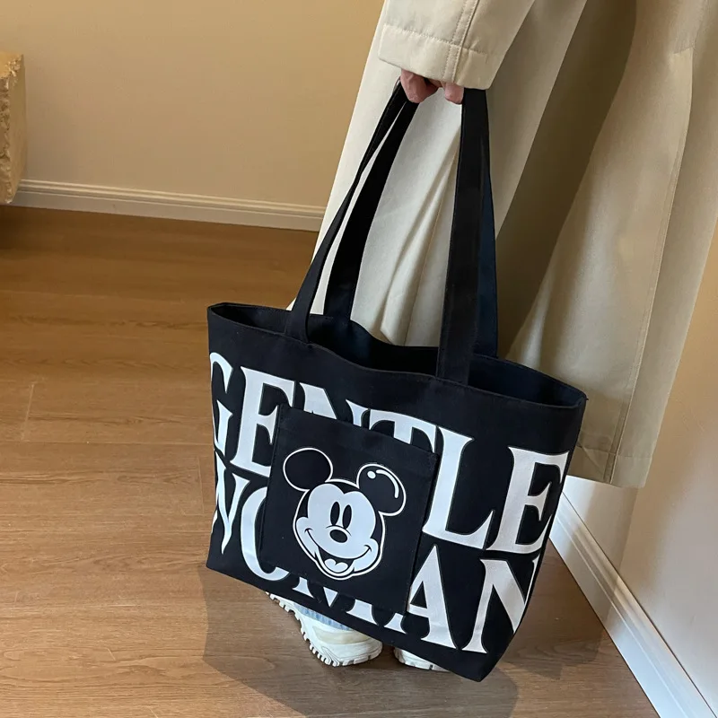 Disney 2024 New Large Capacity Canvas Bag Women\'s Trendy Cartoon Mickey Tote Bag College Student Class Shoulder Tote Bag