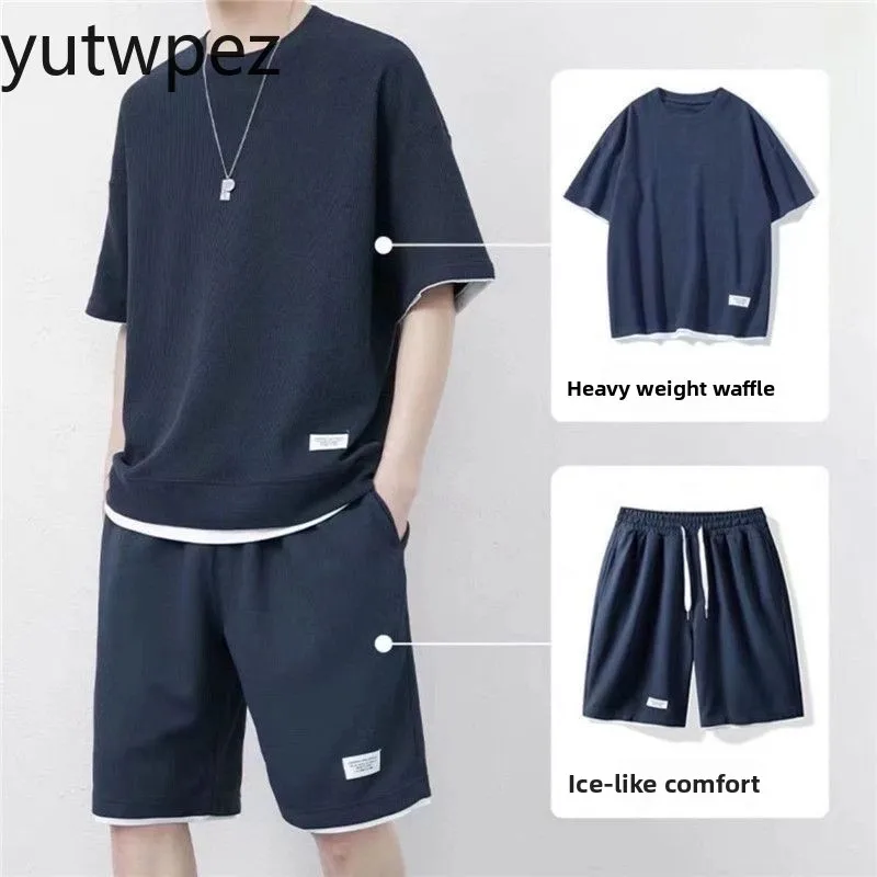 Men's Sports Running Cycling Casual Short-sleeve Outdoor Hiking Summer T-Shirt + Shorts Set Waffle Comfortable Tracksuit Suits