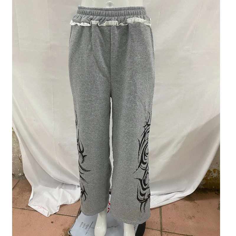 

Y2K Harajuku at USA Solid Document Embroidered Casual Pants Hip Hop W-String Jogging Pants Close up Size