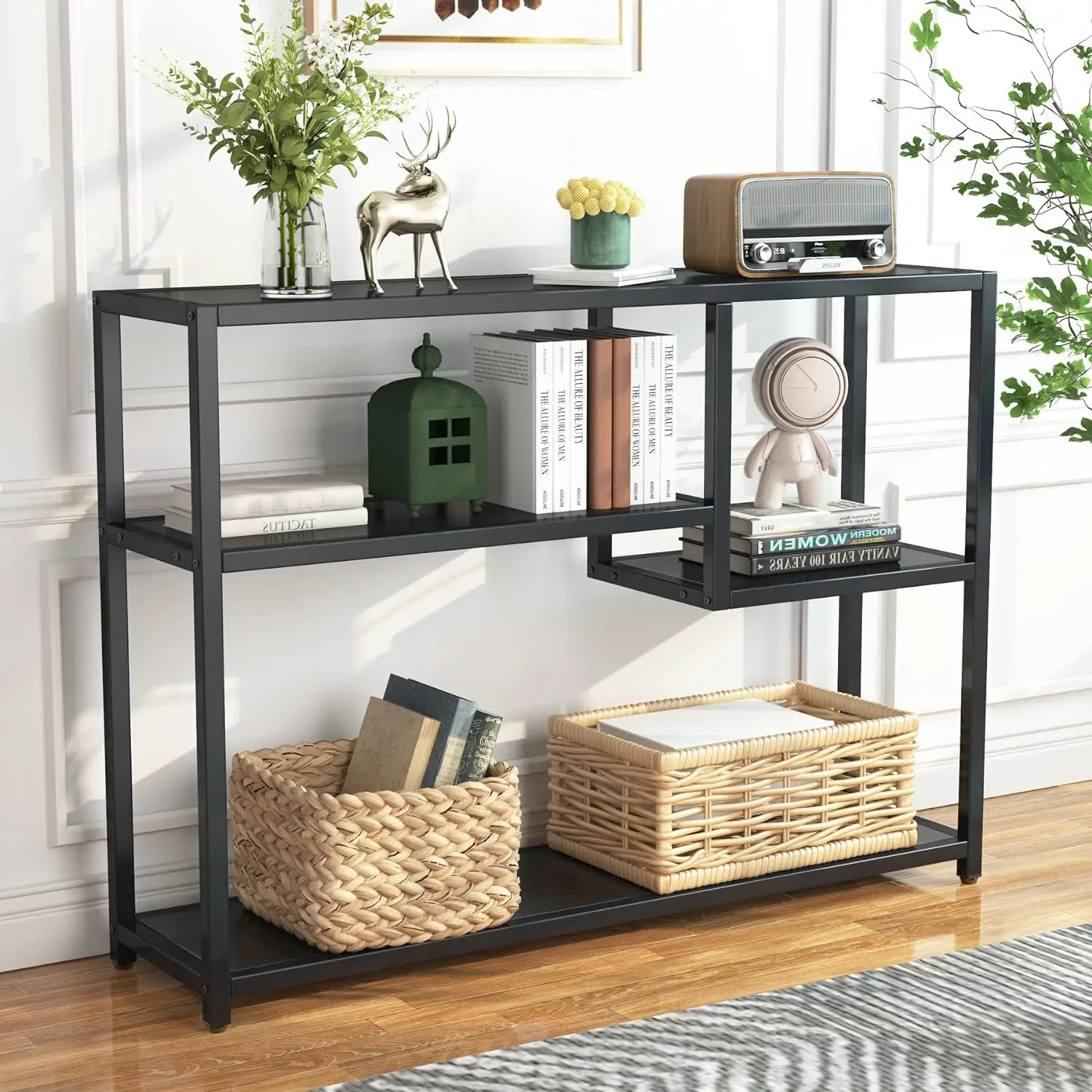 Comfort Corner Console Table, Small Black Entryway Table with Storage Shelves,43 Inch Vintage Entrance Table Behind Couch Table